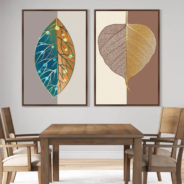 Quadros Folhas em Arte Abstrata Luxo Moderna - 2 Peças