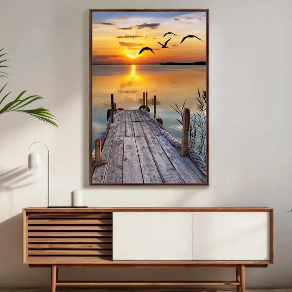 Quadro Serenidade ao Entardecer Mar Pier e Pássaros