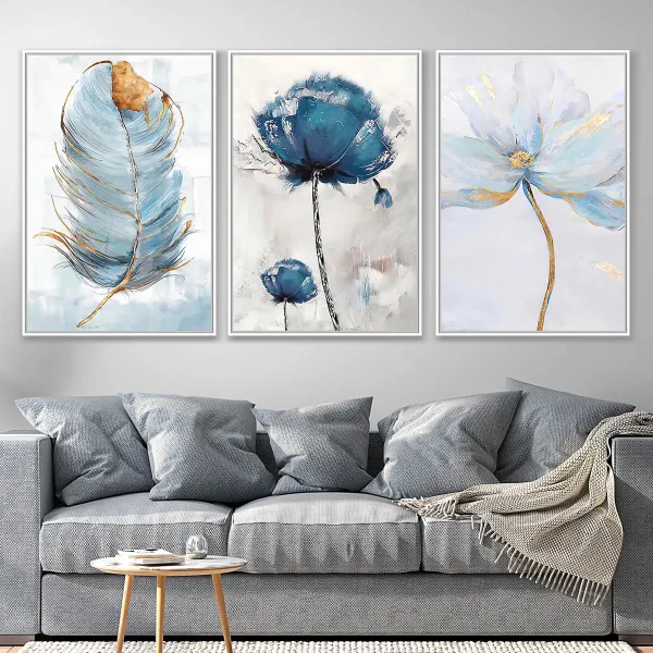 Quadro Arte Abstrata Trio Flores em Azul com Pena Sutil