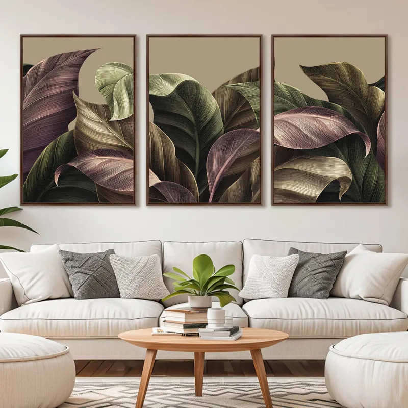 Quadro Trio Tropical Green Brown Leaves