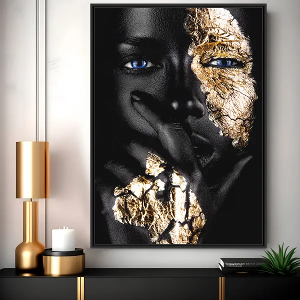 Quadro Mulher Negra decorativo Fashion Moderno Detalhes Dourados