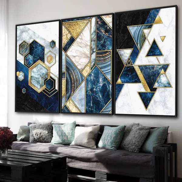 Quadro Abstrato Marmorizado Moderno Azul e Dourado