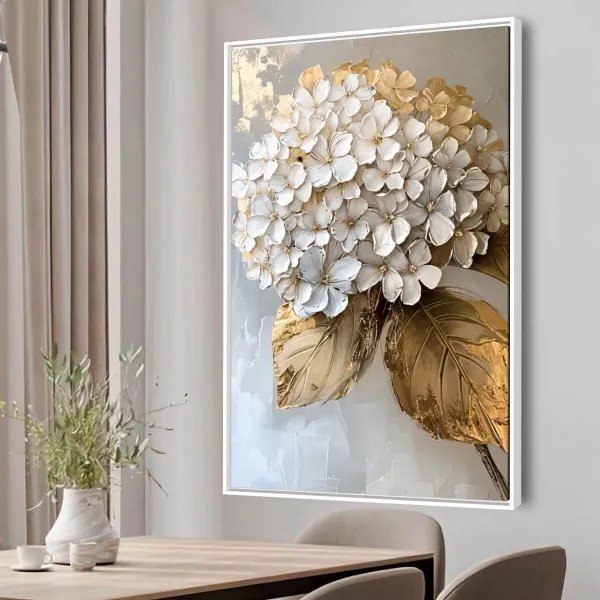 Quadro Floral Maravilhosa Pétalas Abstrato Branco e Dourado