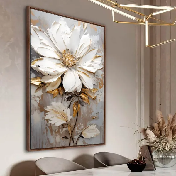 Quadro Floral Moderno Pétalas Abstrata Branco e Dourado