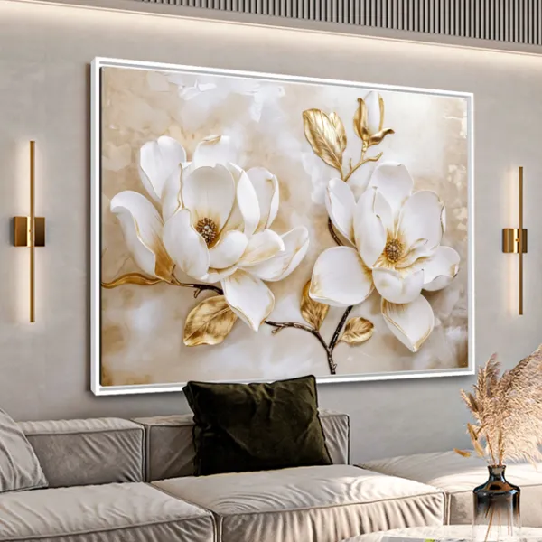 Quadro Luxo Floral Magnólias Douradas e Branco