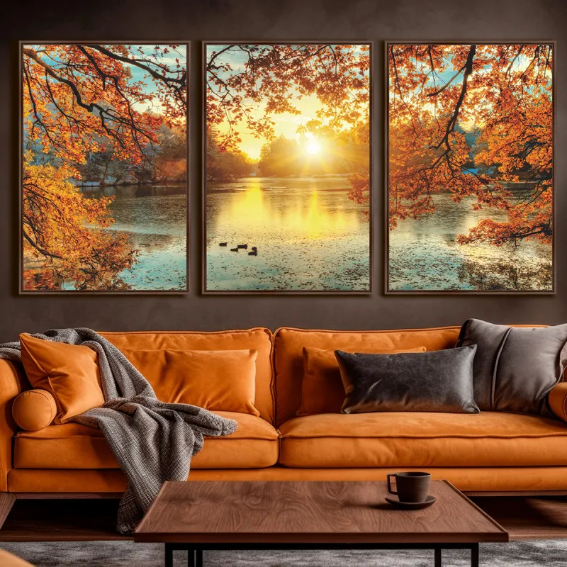 Quadro Paisagem Decorativo Entardecer Árvores e Lago