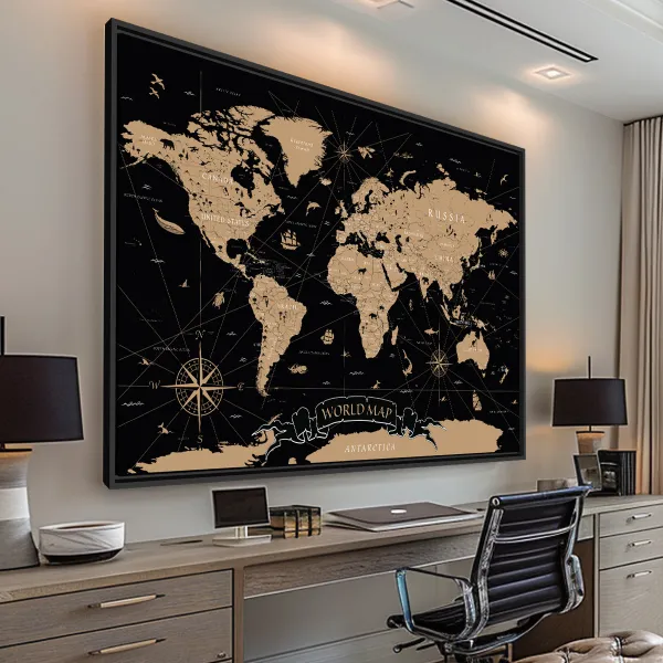 Quadro Mapa Mundi Vintage em Preto - World Map