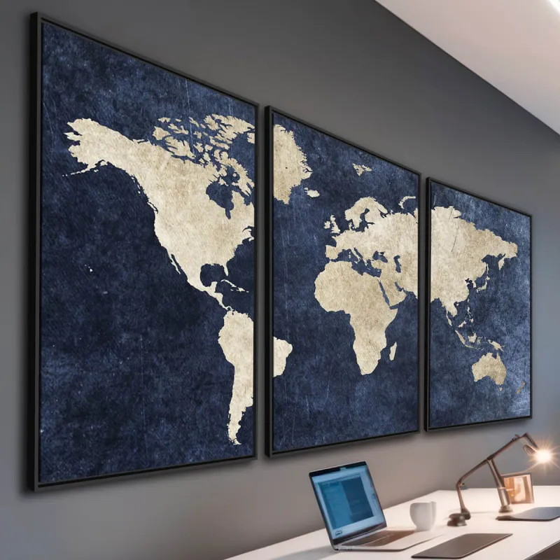 Quadro Mapa Mundi decorativo Efeito Rústico Azul em 3 Peças