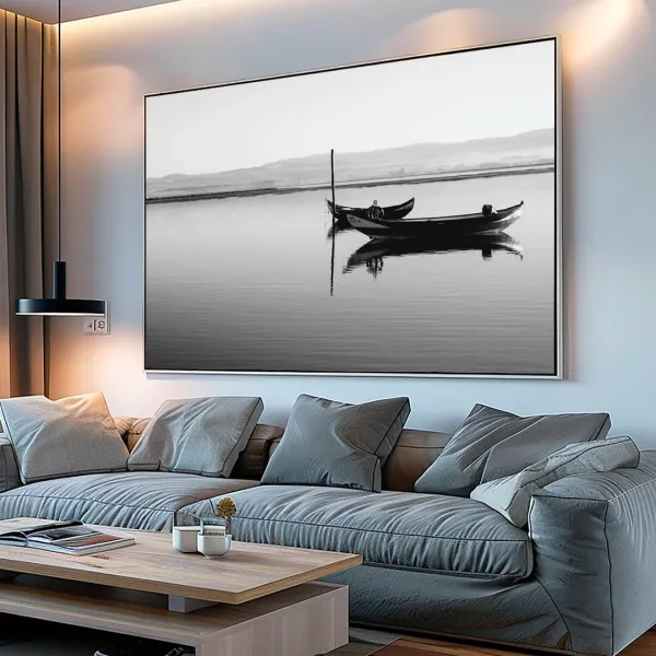 Quadro Decorativo Barco em Lago Sereno - Preto e Branco