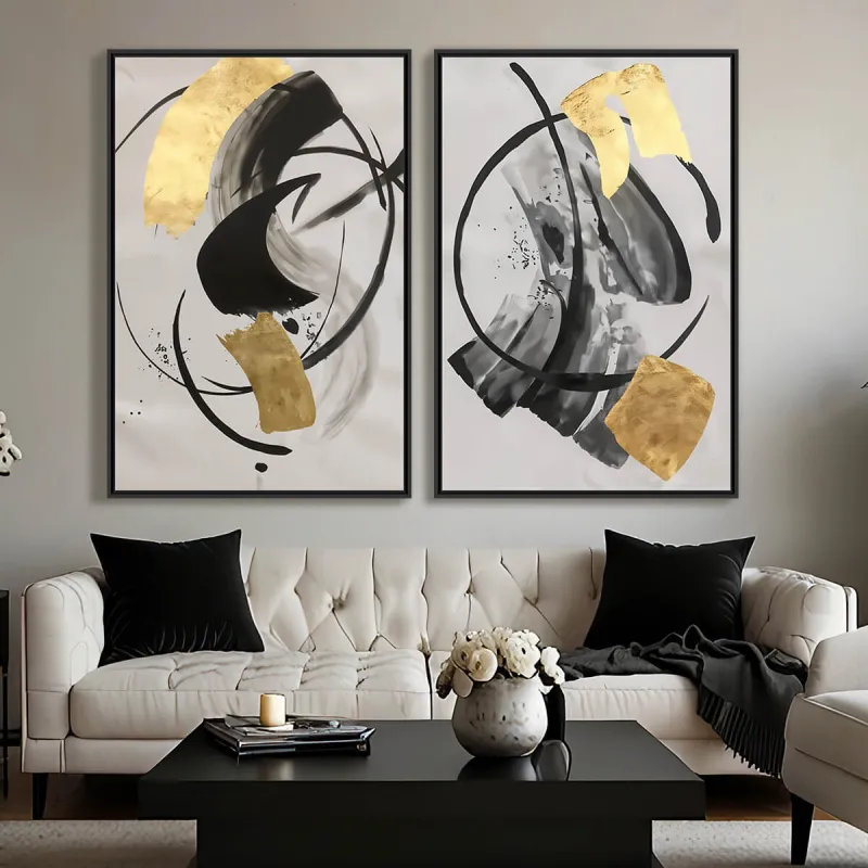 Quadro Abstrato Contemporâneo Preto e Dourado Duo