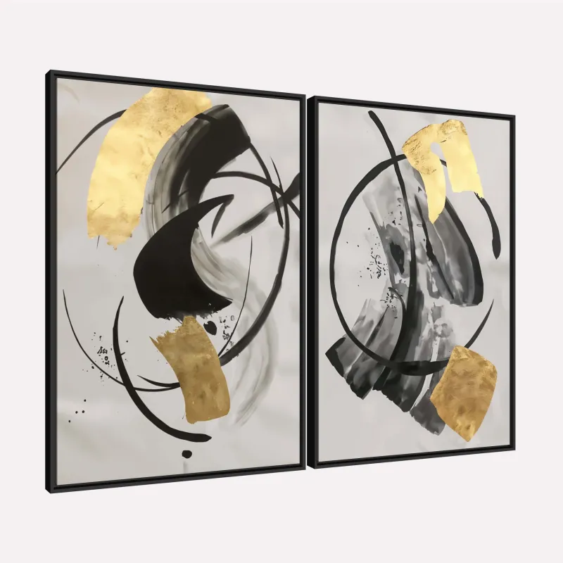 Quadro Abstrato Contemporâneo Preto e Dourado Duo