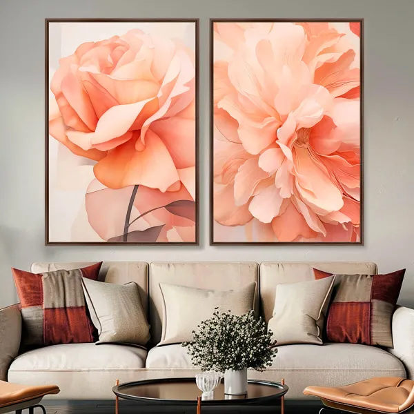 Quadro Belíssima Flor de Rosa e Peônia Tons Suaves Duo