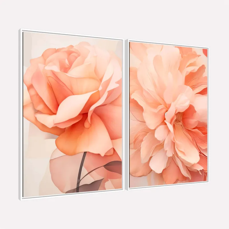 Quadro Belíssima Flor de Rosa e Peônia Tons Suaves Duo