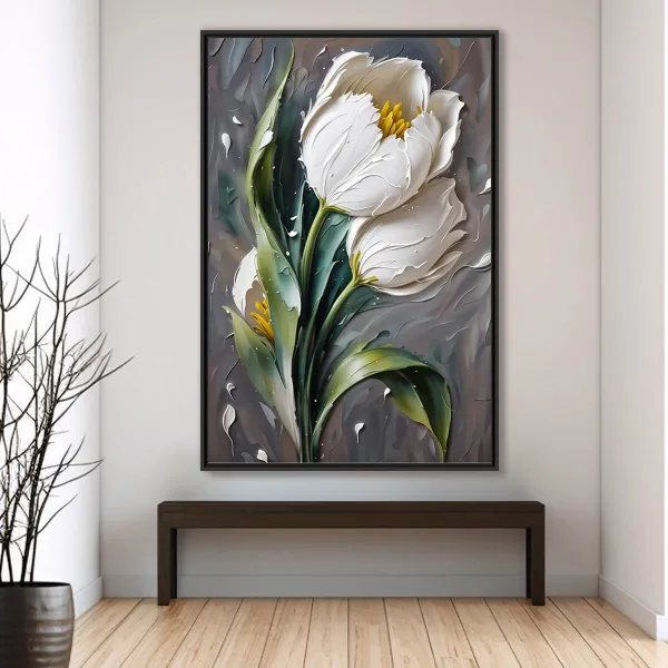 Quadro Flor Elegante Tulipas Brancas em Relevo