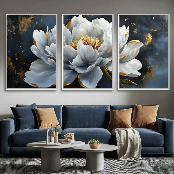 Quadro Floral Luxuoso Peônia Branca com Detalhes Dourados