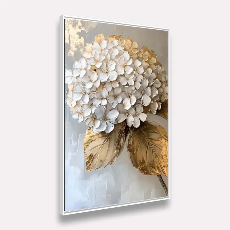 Quadro Floral Maravilhosa Pétalas Abstrato Branco e Dourado