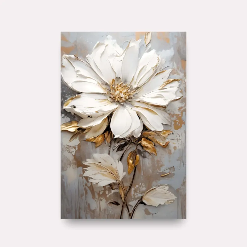 Quadro Floral Moderno Pétalas Abstrata Branco e Dourado