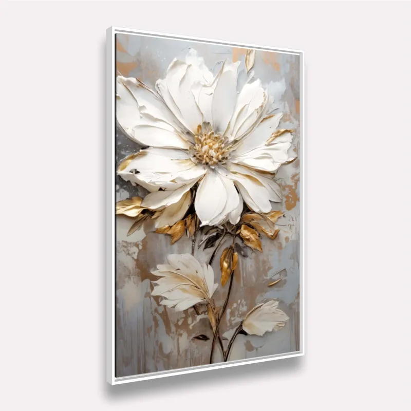 Quadro Floral Moderno Pétalas Abstrata Branco e Dourado