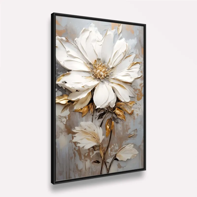 Quadro Floral Moderno Pétalas Abstrata Branco e Dourado