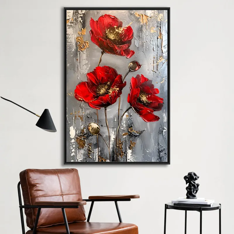 Quadro Lindo Floral Abstrato Vermelho e Ouro