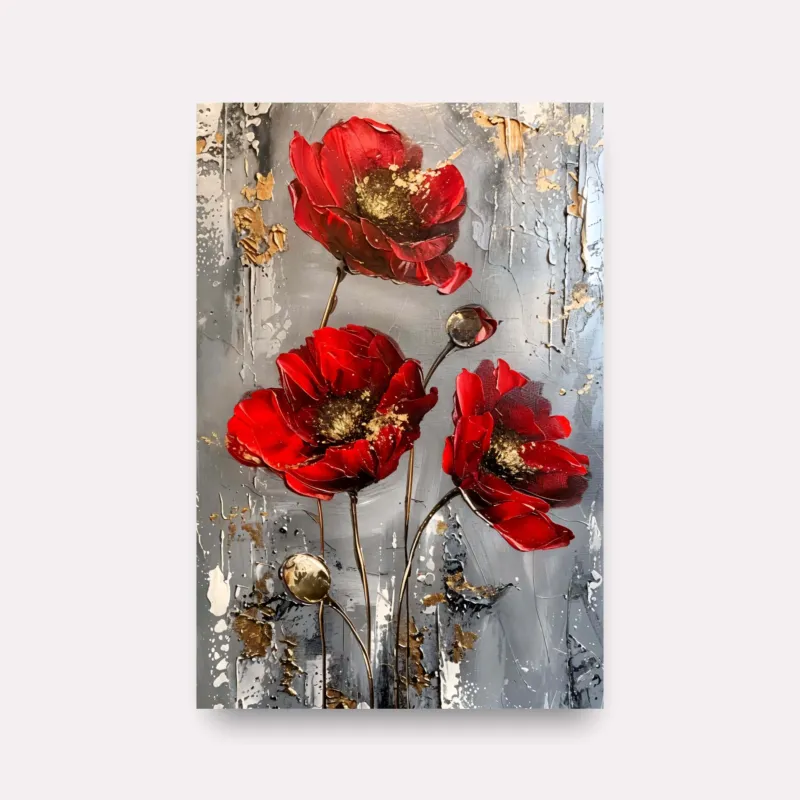 Quadro Lindo Floral Abstrato Vermelho e Ouro