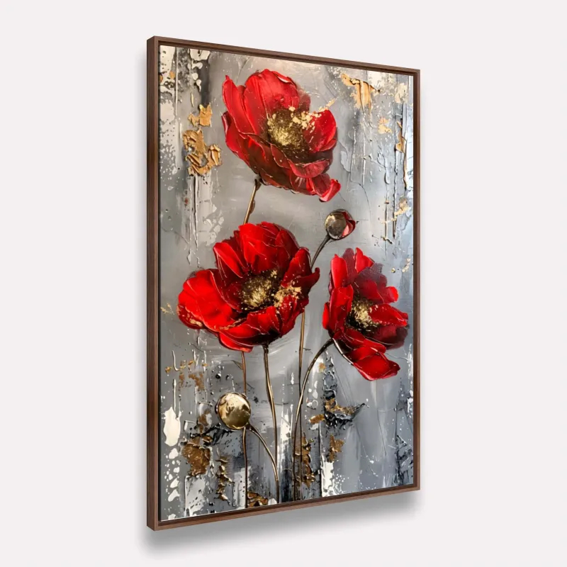 Quadro Lindo Floral Abstrato Vermelho e Ouro