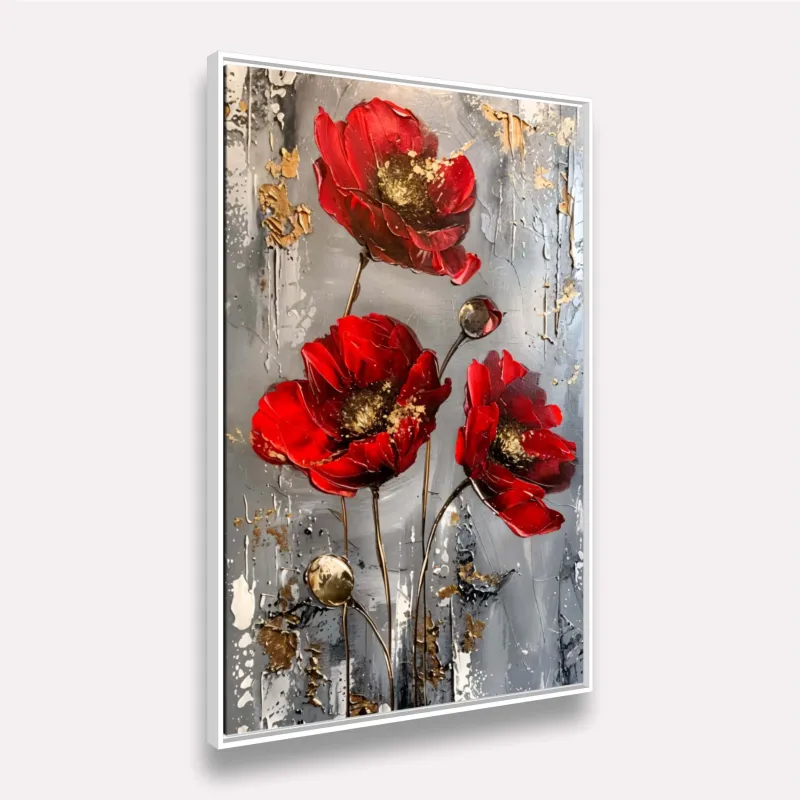 Quadro Lindo Floral Abstrato Vermelho e Ouro