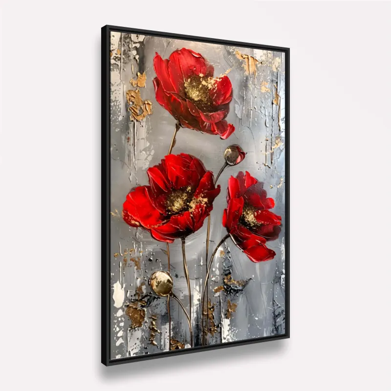 Quadro Lindo Floral Abstrato Vermelho e Ouro