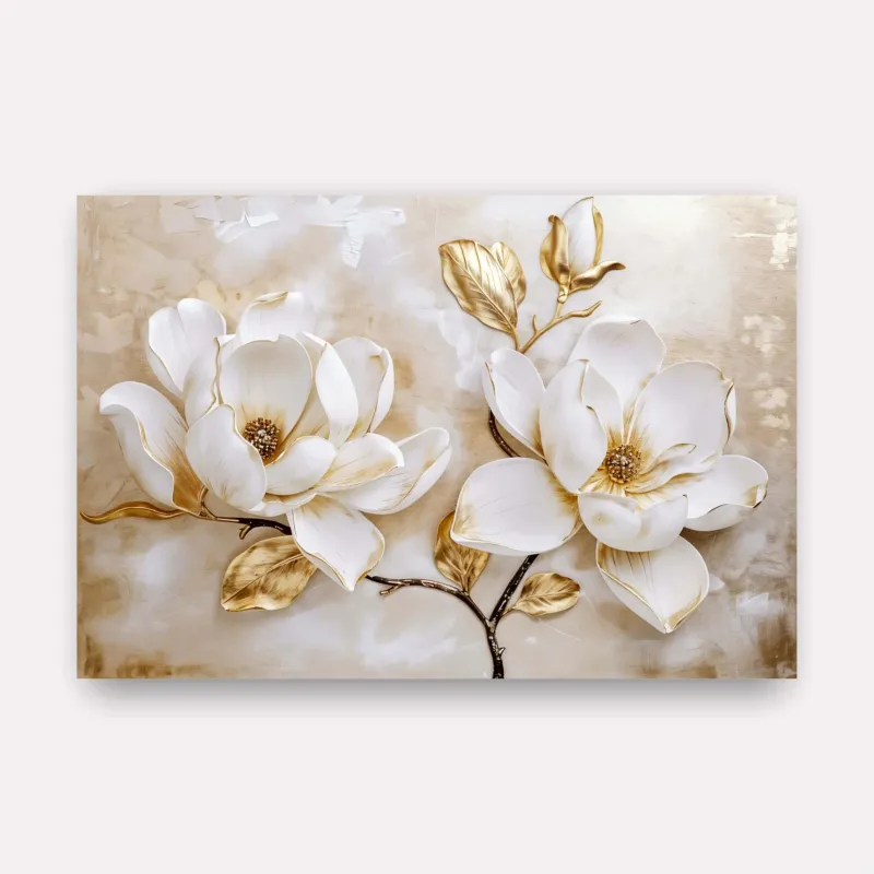 Quadro Luxo Floral Magnólias Douradas e Branco