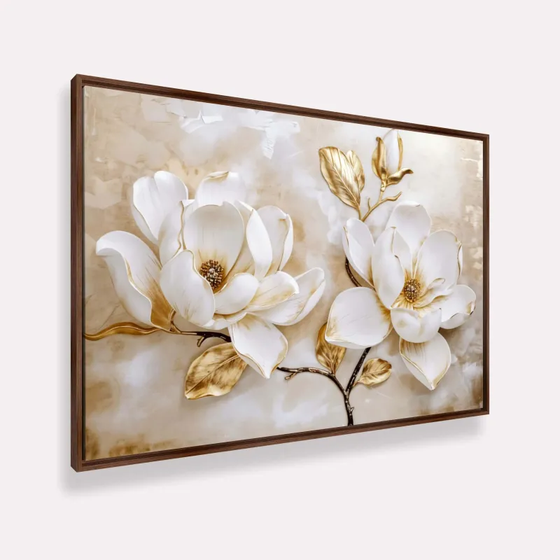 Quadro Luxo Floral Magnólias Douradas e Branco