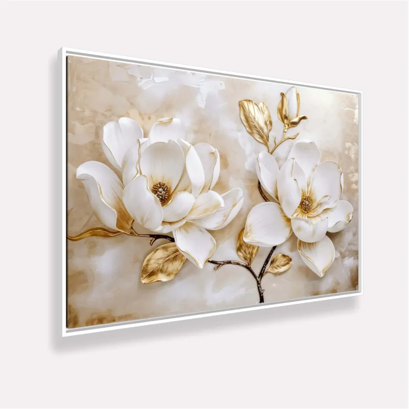 Quadro Luxo Floral Magnólias Douradas e Branco