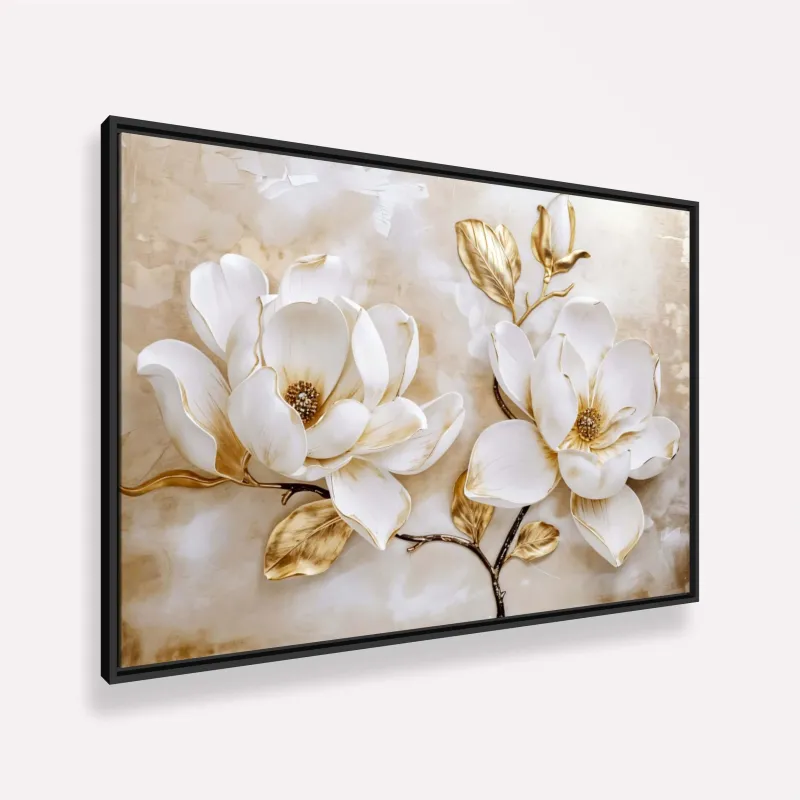 Quadro Luxo Floral Magnólias Douradas e Branco