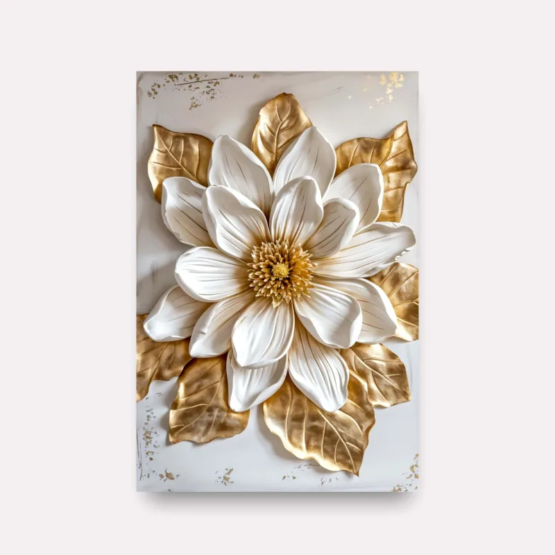 Quadro Magnólia Luxo Real Toque Dourado e Branco