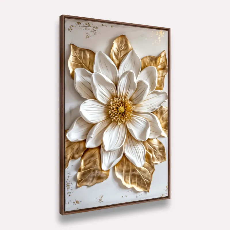 Quadro Magnólia Luxo Real Toque Dourado e Branco