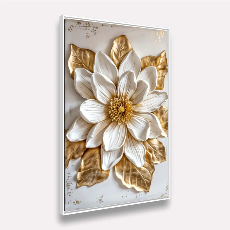 Quadro Magnólia Luxo Real Toque Dourado e Branco