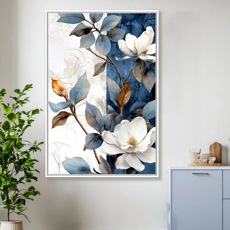 Quadro Ramo Florido Abstrato Azul com Branco Artístico