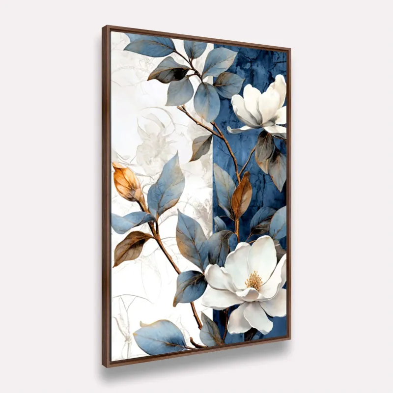 Quadro Ramo Florido Abstrato Azul com Branco Artístico