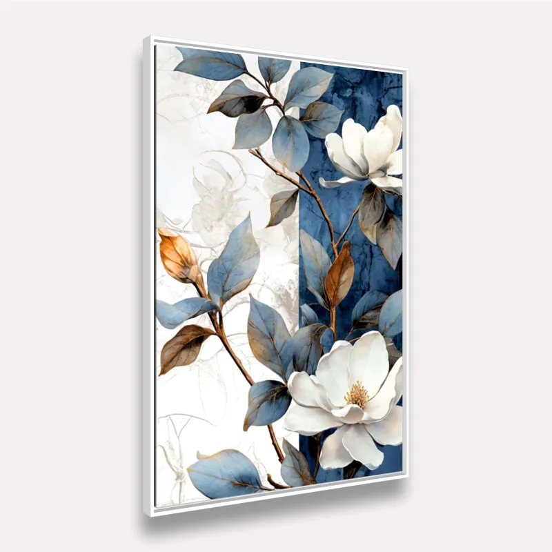 Quadro Ramo Florido Abstrato Azul com Branco Artístico