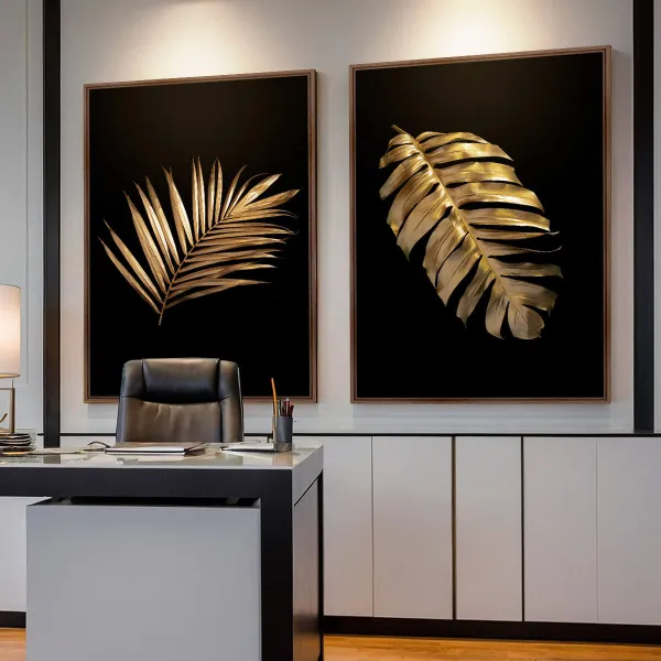 Quadro Moderno Folhas Tropicais Duo Preto com Dourado