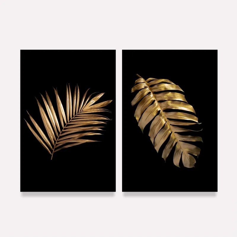 Quadro Moderno Folhas Tropicais Duo Preto com Dourado