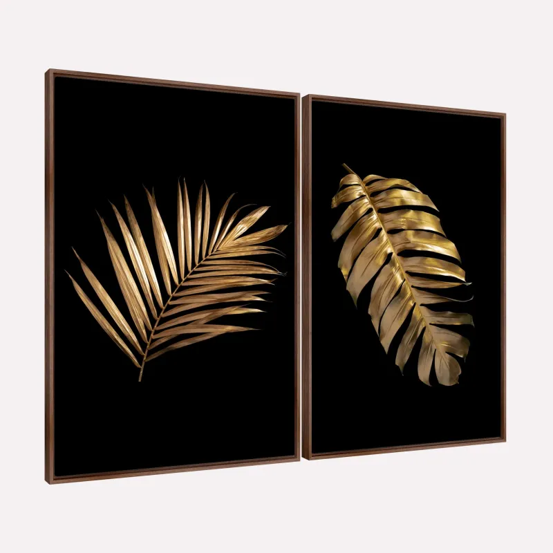 Quadro Moderno Folhas Tropicais Duo Preto com Dourado