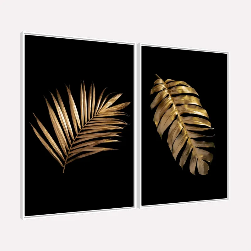 Quadro Moderno Folhas Tropicais Duo Preto com Dourado