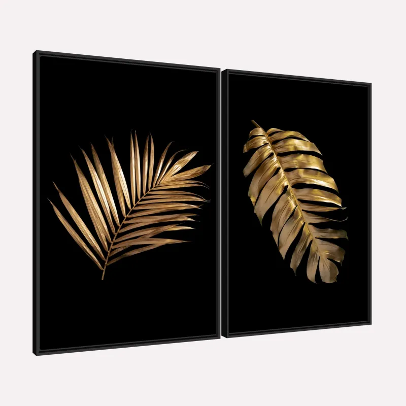 Quadro Moderno Folhas Tropicais Duo Preto com Dourado