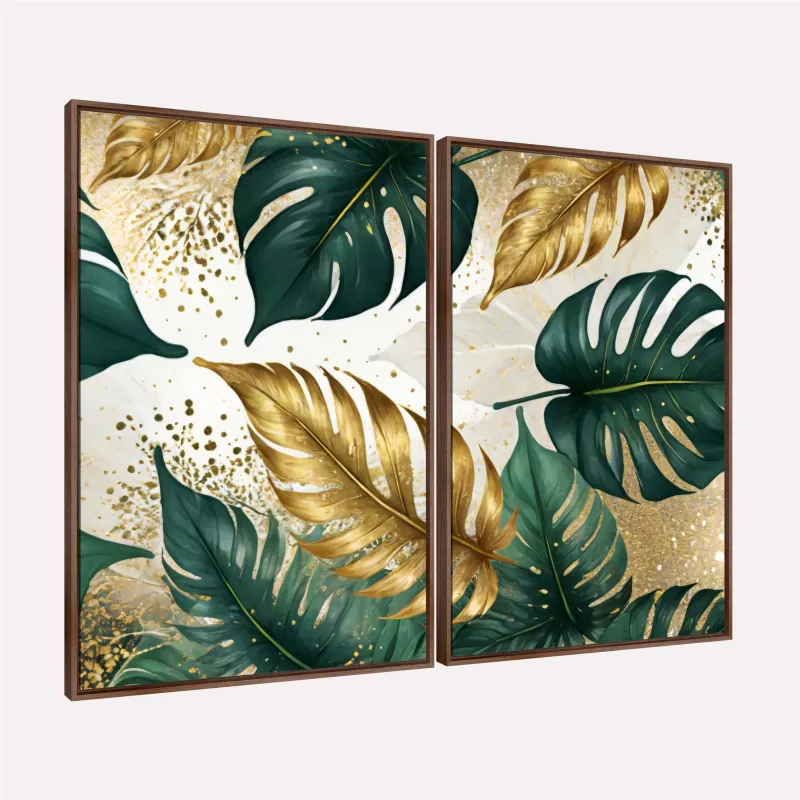 Quadros Folhagem Tropical Luxo Detalhes Dourados e Verdes