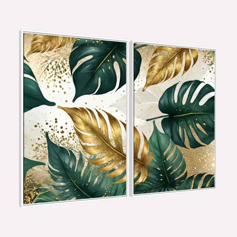 Quadros Folhagem Tropical Luxo Detalhes Dourados e Verdes