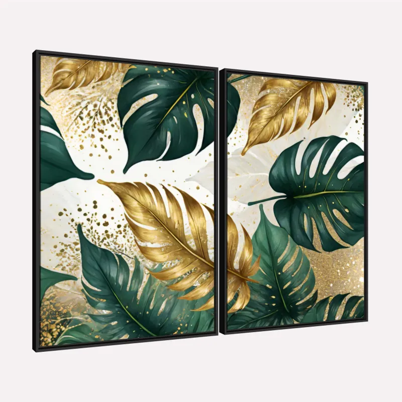 Quadros Folhagem Tropical Luxo Detalhes Dourados e Verdes