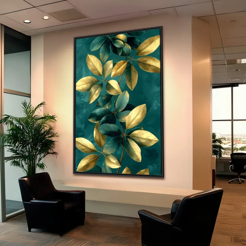 Quadro Folhagem Lindo Ramo Artístico Verde com Dourado