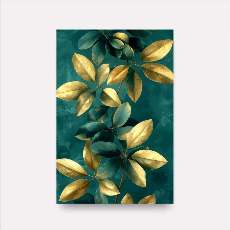 Quadro Folhagem Lindo Ramo Artístico Verde com Dourado