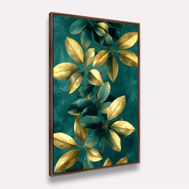 Quadro Folhagem Lindo Ramo Artístico Verde com Dourado