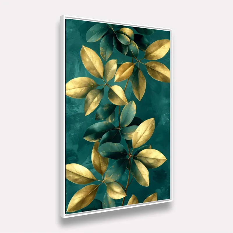 Quadro Folhagem Lindo Ramo Artístico Verde com Dourado